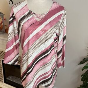 Allison Daley V-Neck Blouse in Pink and Brown with Gold Accents NWOT